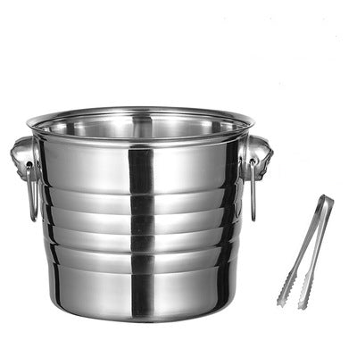 Ice bucket side view showing brushed stainless steel finish and tiger design